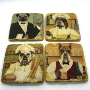 Carol Lew Whimsical Dog Tile Coasters Set Of 4 Boxer, Pug, Bull Dog
